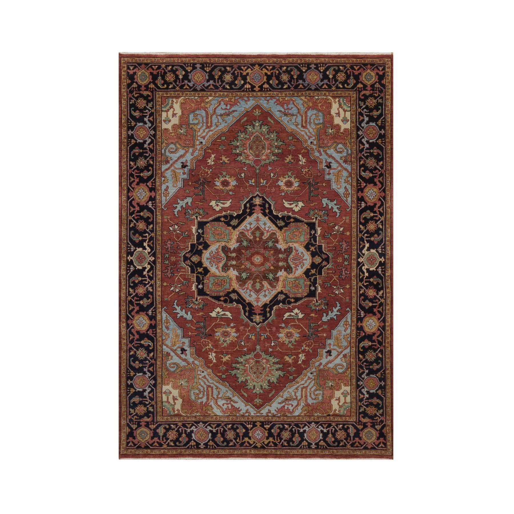 5'x7'4" Barn Red, Antiqued Fine Heriz Re-Creation, Medallion Design, Hand Knotted, Hand Spun New Zealand Wool, Denser Weave, Soft Pile, Vegetable Dyes, Oriental Rug 